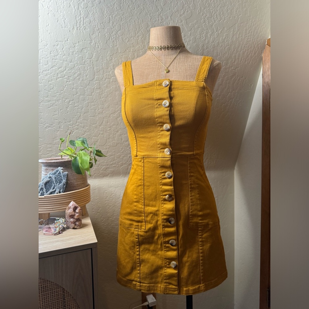 Mustard Button-Front Denim Stretch Mini Dress